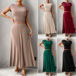 Diyun's European and American cross-border Amazon 2024 Spring/Summer short-sleeved women's wear, elegant and form-fitting solid color short-sleeved dress set