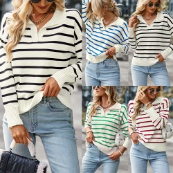Diyun European and American Amazon Foreign Trade Women's Clothing 2025 Autumn/Winter polo Collar Women's color-blocking striped sweater top