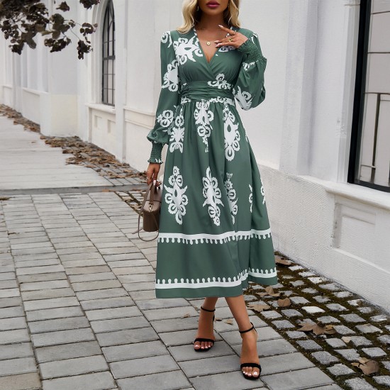 Diyun Cross-border 2024 Autumn/Winter Amazon European and American foreign Trade Women's Wear, elegant color-blocking printed V-neck long-sleeved dress Diyun Cross-border 2024 Autumn/Winter Amazon European and American foreign Trade Women's Wear, elegant color-blocking printed V-neck long-sleeved dress