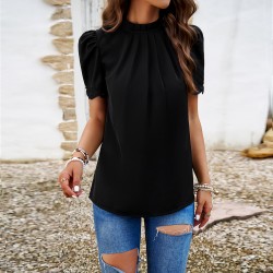 Diyun Cross-border European and American women's Clothing 2024 Spring/Summer Export Style Casual Solid Color semi-high neck short-sleeved lace top