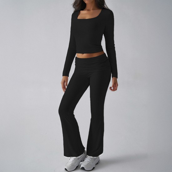 Diyun Cross-border Foreign Trade 2024 Autumn/Winter Solid-color casual knitted long-sleeved top, yoga wear and two-piece pants set for Europe and America