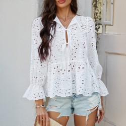 Diyun European and American Cross-border 2025 Spring/Summer Casual Vacation Loose lace-up cardigan Solid Color Cutout top Women's shirt