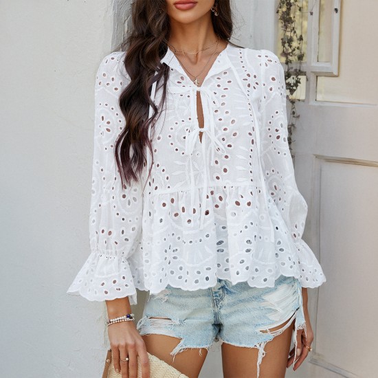 Diyun European and American Cross-border 2025 Spring/Summer Casual Vacation Loose lace-up cardigan Solid Color Cutout top Women's shirt Diyun European and American Cross-border 2025 Spring/Summer Casual Vacation Loose lace-up cardigan Solid Color Cutout top Women's shirt