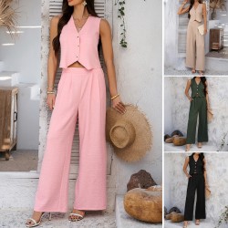 Diyun 2025 Spring/Summer Cross-border Amazon European and American Casual Commuting Vacation Style Solid color waistcoat wide-leg long pants set