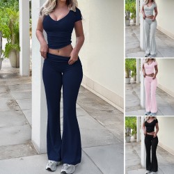 Diyun European and American Cross-border 2025 Spring/Summer Y2K Casual Sportswear Women's Wear Solid Color BM Short-sleeved T-shirt Long Pants 2-piece set