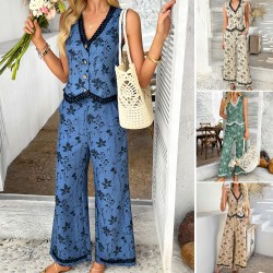 Diyun Cross-border 2025 Spring/Summer Bosimi Asian, European and American Style Printed Lace cardigan Vest Long Pants Set Women's Clothing