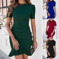 Diyun European and American cross-border women's Clothing 2025 Spring/Summer export elegant solid color slimming short-sleeved dress for women