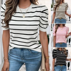 Diyun's European and American cross-border Amazon 2025 Spring/Summer Women's short-sleeved top with bubble sleeves, round neck and contrasting color sweater