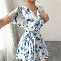 Diyun European and American Casual vacation printed short-sleeved cake dress, skirt, dress, women's clothing, Spring/Summer 2025, Amazon
