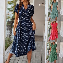 Diyun 2025 Spring/Summer Cross-border European and American Style Casual Vacation Trend Point Printed high-waisted lace-up Dress women's clothing