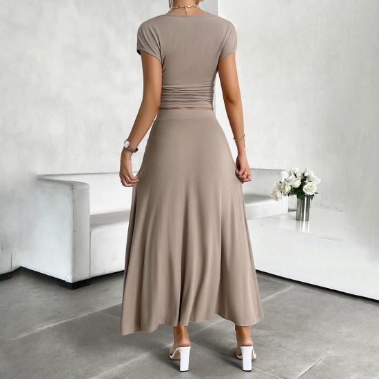 Diyun's European and American cross-border Amazon 2024 Spring/Summer short-sleeved women's wear, elegant and form-fitting solid color short-sleeved dress set Diyun's European and American cross-border Amazon 2024 Spring/Summer short-sleeved women's wear, elegant and form-fitting solid color short-sleeved dress set