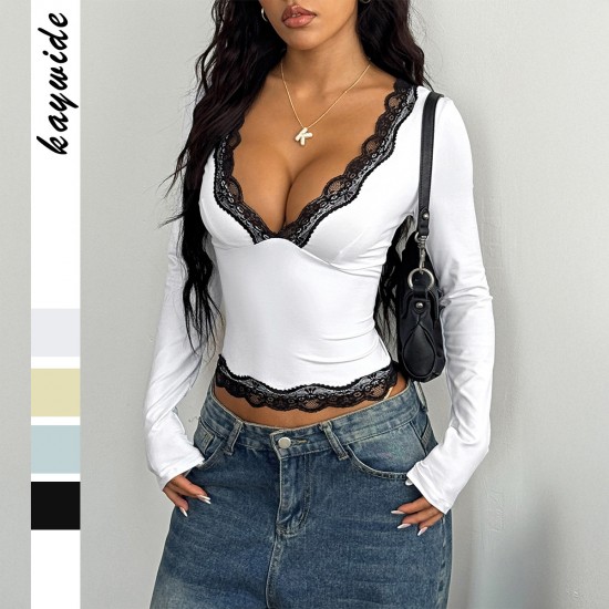 Diyun Cross-border European and American Y2K sexy style lace long-sleeved vest T-shirt women's clothing 2025 Spring/Summer Amazon Independent Store Diyun Cross-border European and American Y2K sexy style lace long-sleeved vest T-shirt women's clothing 2025 Spring/Summer Amazon Independent Store