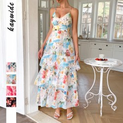 Diyun European and American casual vacation style halter print cake dress Long dress Women's clothing Spring/Summer 2025 Amazon