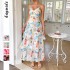 Diyun European and American casual vacation style halter print cake dress Long dress Women's clothing Spring/Summer 2025 Amazon