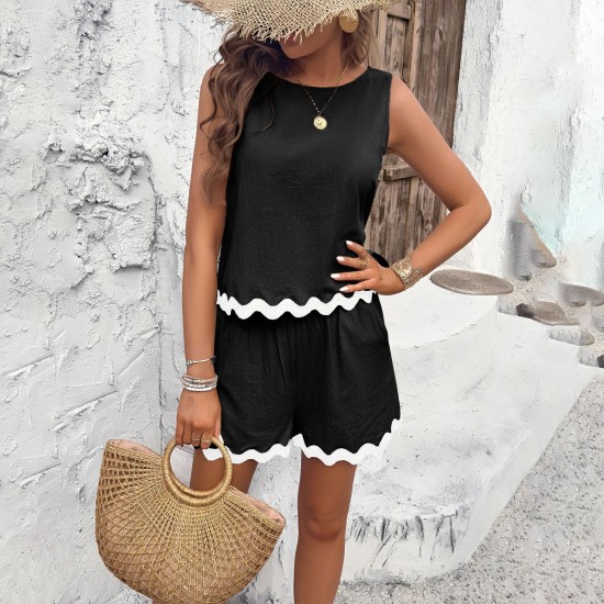 Diyun Cross-border Amazon European and American short-sleeved Women's Clothing 2024 Spring/Summer Foreign Trade Casual Fashion Lace Short Pants Set Diyun Cross-border Amazon European and American short-sleeved Women's Clothing 2024 Spring/Summer Foreign Trade Casual Fashion Lace Short Pants Set