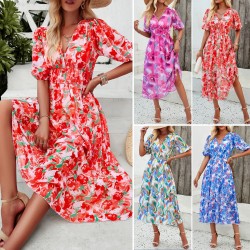Diyun's European and American dress women's Amazon Spring/Summer 2024 vacation print waist-waist V-neck chiffon short-sleeved long dress