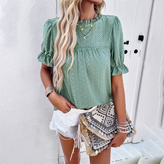 Diyun European and American women's T-shirt Amazon Spring/Summer 2024 Export Casual Solid Color short-sleeved cutout top Diyun European and American women's T-shirt Amazon Spring/Summer 2024 Export Casual Solid Color short-sleeved cutout top