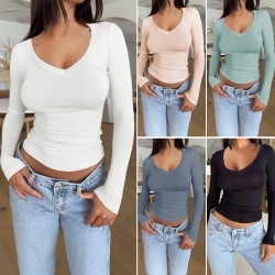 Diyun's European and American cross-border Amazon independent Station 2024 Spring/Summer women's wear, elegant and fitted solid color U-neck long-sleeved top