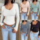 Diyun's European and American cross-border Amazon independent Station 2024 Spring/Summer women's wear, elegant and fitted solid color U-neck long-sleeved top