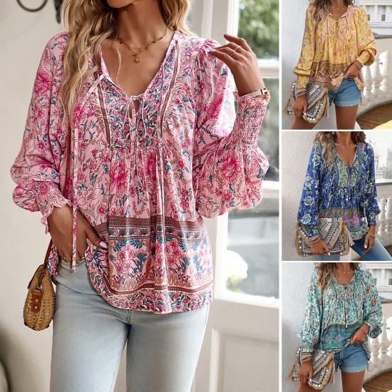 Diyun European and American Cross-border 2025 Spring/Summer Bohemian Vacation Style Cotton print Tie long-sleeved shirt for women Diyun European and American Cross-border 2025 Spring/Summer Bohemian Vacation Style Cotton print Tie long-sleeved shirt for women