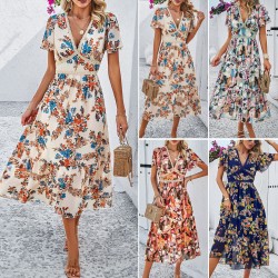 Diyun Cross-border Women's Dress Amazon Spring/Summer 2024 Foreign Trade Casual Vacation Printed high-waisted dress