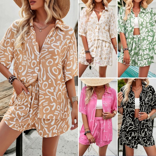 Diyun Cross-border European and American vacation-style printed shirt Women's Set 2025 Summer Export Casual Shorts Two-piece Set Diyun Cross-border European and American vacation-style printed shirt Women's Set 2025 Summer Export Casual Shorts Two-piece Set