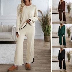 Diyun Cross-border Women's Clothing Set for Amazon 2024, a casual and elegant solid-color knitted long-sleeved woolen coat and pants set