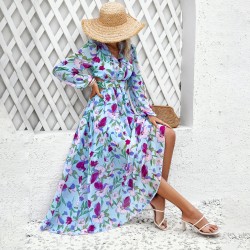 Diyun Cross-border European and American women's clothing Amazon Spring/Summer 2025 Foreign Trade vacation Casual color-blocking printed V-neck dress