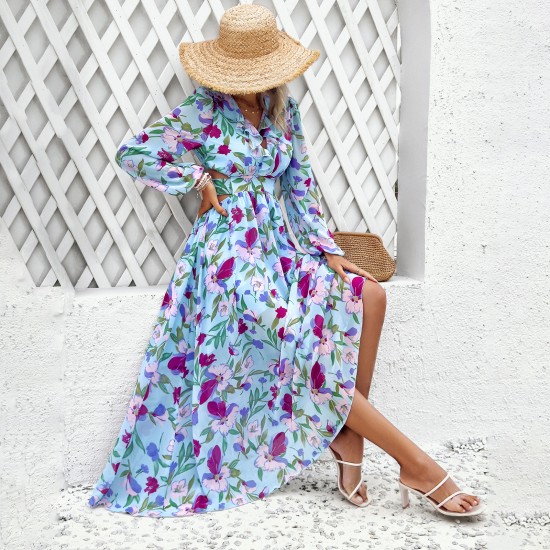 Diyun Cross-border European and American women's clothing Amazon Spring/Summer 2025 Foreign Trade vacation Casual color-blocking printed V-neck dress Diyun Cross-border European and American women's clothing Amazon Spring/Summer 2025 Foreign Trade vacation Casual color-blocking printed V-neck dress