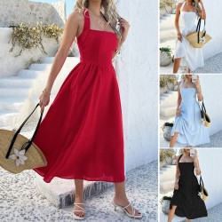 Diyun 2025 Spring/Summer European and American Amazon casual vacation style solid color high-waisted sleeveless halter dress for women