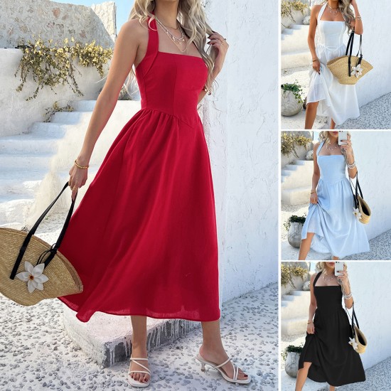 Diyun 2025 Spring/Summer European and American Amazon casual vacation style solid color high-waisted sleeveless halter dress for women Diyun 2025 Spring/Summer European and American Amazon casual vacation style solid color high-waisted sleeveless halter dress for women