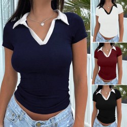 Diyun Cross-border 2025 Spring/Summer European and American Women's Clothing Y2K Casual waist-cinching Slimming polo Collar short-sleeved T-shirt top