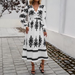 Diyun Cross-border 2024 Autumn/Winter Amazon European and American foreign Trade Women's Wear, elegant color-blocking printed V-neck long-sleeved dress