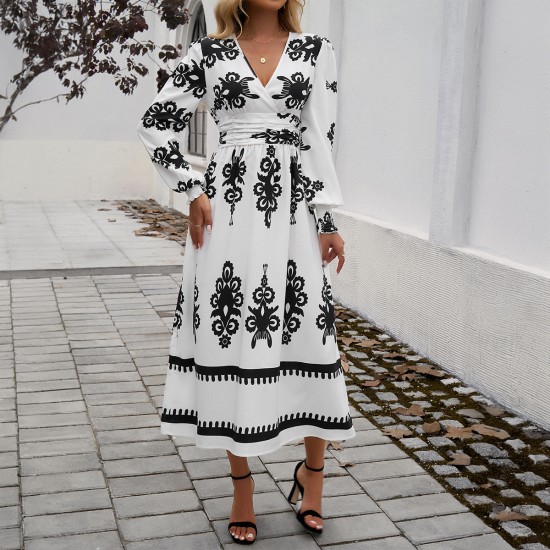 Diyun Cross-border 2024 Autumn/Winter Amazon European and American foreign Trade Women's Wear, elegant color-blocking printed V-neck long-sleeved dress Diyun Cross-border 2024 Autumn/Winter Amazon European and American foreign Trade Women's Wear, elegant color-blocking printed V-neck long-sleeved dress