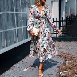 Diyun European and American cross-border V-neck floral print dress 2025 Summer Export women's clothing vacation Casual printed long dress for children