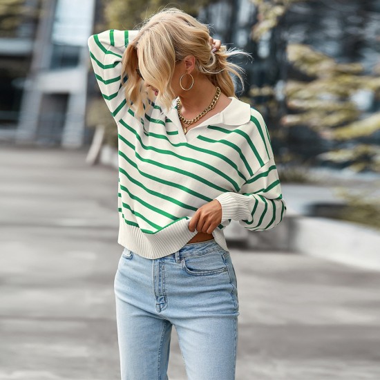 Diyun European and American Amazon Foreign Trade Women's Clothing 2025 Autumn/Winter polo Collar Women's color-blocking striped sweater top Diyun European and American Amazon Foreign Trade Women's Clothing 2025 Autumn/Winter polo Collar Women's color-blocking striped sweater top