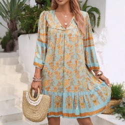 Diyun European and American Cross-border 2025 Spring/Summer Casual Bohemian vacation-style Cotton printed V-neck dress for children