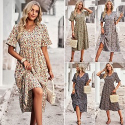 Diyun independently developed and designed a printed V-neck short-sleeved vacation dress for summer 2025 European and American women's clothing export