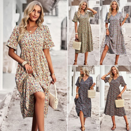 Diyun independently developed and designed a printed V-neck short-sleeved vacation dress for summer 2025 European and American women's clothing export Diyun independently developed and designed a printed V-neck short-sleeved vacation dress for summer 2025 European and American women's clothing export