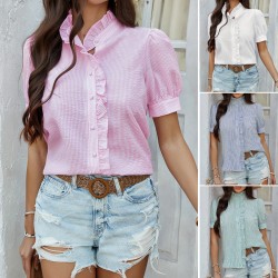 Diyun Cross-border European and American 2025 Spring/Summer Women's Top, casual and elegant solid color button cardigan, lace short-sleeved shirt