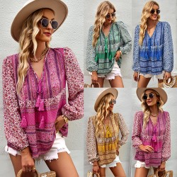 Self-developed and designed Amazon-style Pomixia vacation-style shirt, color-blocking print, all-season top and shirt for women