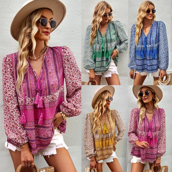Self-developed and designed Amazon-style Pomixia vacation-style shirt, color-blocking print, all-season top and shirt for women