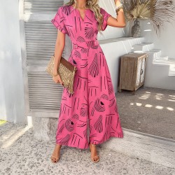 Di Yun's Spring/Summer 2025 cross-border European and American printed casual vacation style women's wear with a waisted short-sleeved shirt, wide-leg one-piece long pants