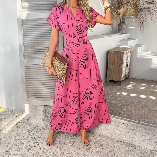 Di Yun's Spring/Summer 2025 cross-border European and American printed casual vacation style women's wear with a waisted short-sleeved shirt, wide-leg one-piece long pants