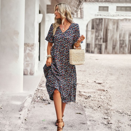 Diyun independently developed and designed a printed V-neck short-sleeved vacation dress for summer 2025 European and American women's clothing export Diyun independently developed and designed a printed V-neck short-sleeved vacation dress for summer 2025 European and American women's clothing export