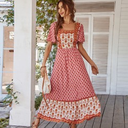 Di Yun's Spring/Summer 2025 European and American cross-border cotton printed dress, French printed vacation style square neck dress for women