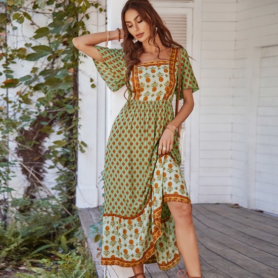 Di Yun's Spring/Summer 2025 European and American cross-border cotton printed dress, French printed vacation style square neck dress for women Di Yun's Spring/Summer 2025 European and American cross-border cotton printed dress, French printed vacation style square neck dress for women