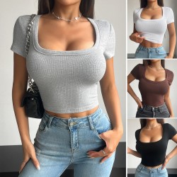 Diyun Cross-border Amazon European and American Women's Clothing 2024 Spring/Summer Solid color square neck short Crop Crop Fashion Shaping T-shirt