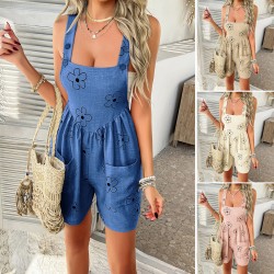 Diyun Cross-border European and American 2025 Spring/Summer Casual Vacation Style Cotton printed Bow Strap Jumpsuit Women's Clothing