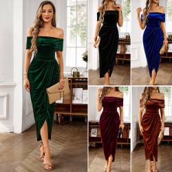 Diyun's 2023 autumn/winter cross-border Amazon velvet dress for Europe and America, an elegant one-shoulder long dress for foreign trade
